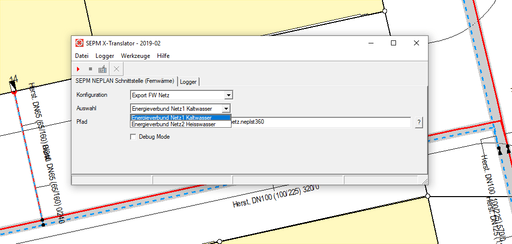 SEPM X-Translator export dialog for the district heating interface