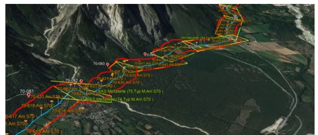 Pipeline routes and flight markers exported from Smallworld, shown in 3D in Google Earth