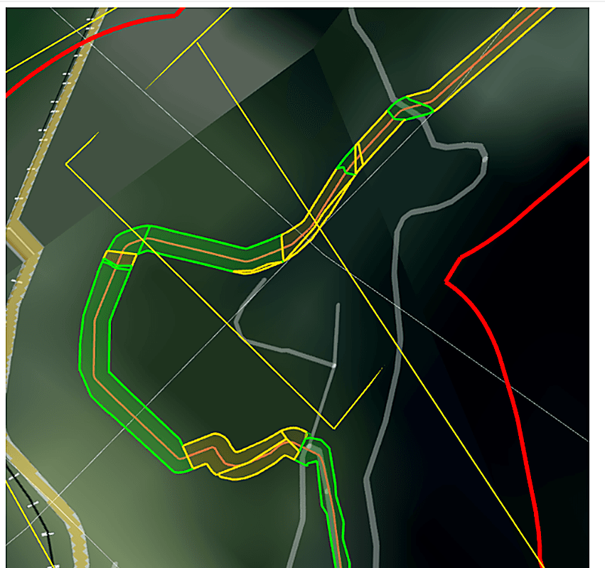 Color-coded easement overlay along a pipeline corridor in Google Earth