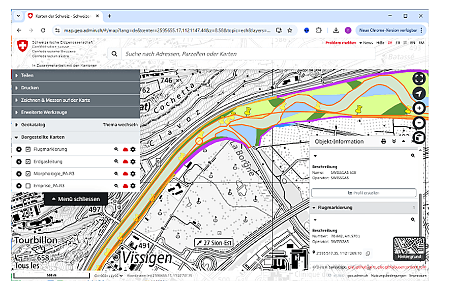 Swissgas pipelines and flight markers overlaid on map.geo.admin.ch