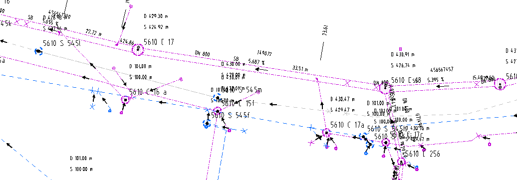 Wastewater network imported from ISYBAU into Smallworld, with manholes, pipes and inspection labels