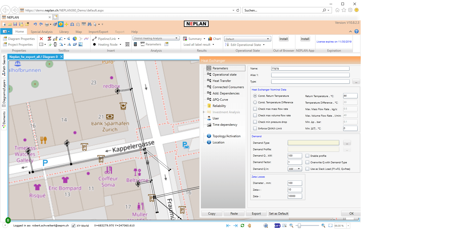 NEPLAN calculation environment with a utility network diagram and component parameters