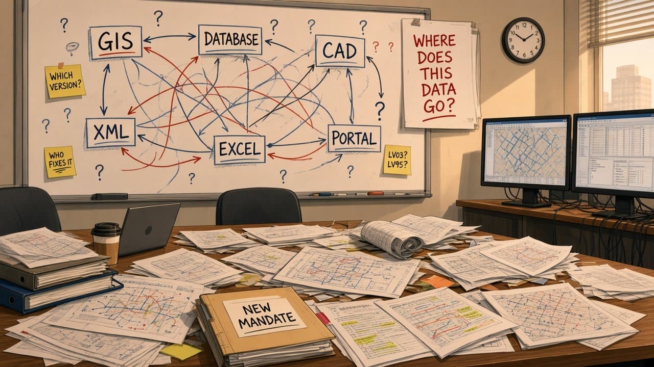 A meeting-room whiteboard with GIS, database, CAD, XML, Excel and portal boxes tangled by crossing arrows, sticky notes asking “Which version?”, “Who fixes it?” and “LV03? LV95?”, a sheet asking “Where does this data go?”, and a table buried in drawings and a “New mandate” folder.