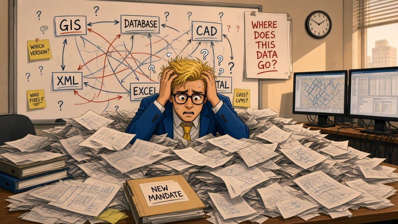 A GIS professional clutches his head at the conference table, buried in specifications and drawings in front of the tangled whiteboard.