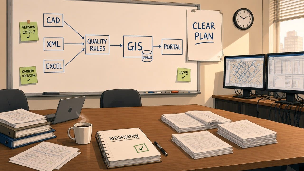 The whiteboard now shows one clean flow from CAD, XML and Excel through quality rules into the GIS and the portal, with notes answering every question, a “Clear plan” sheet and a signed-off specification on a tidy table.