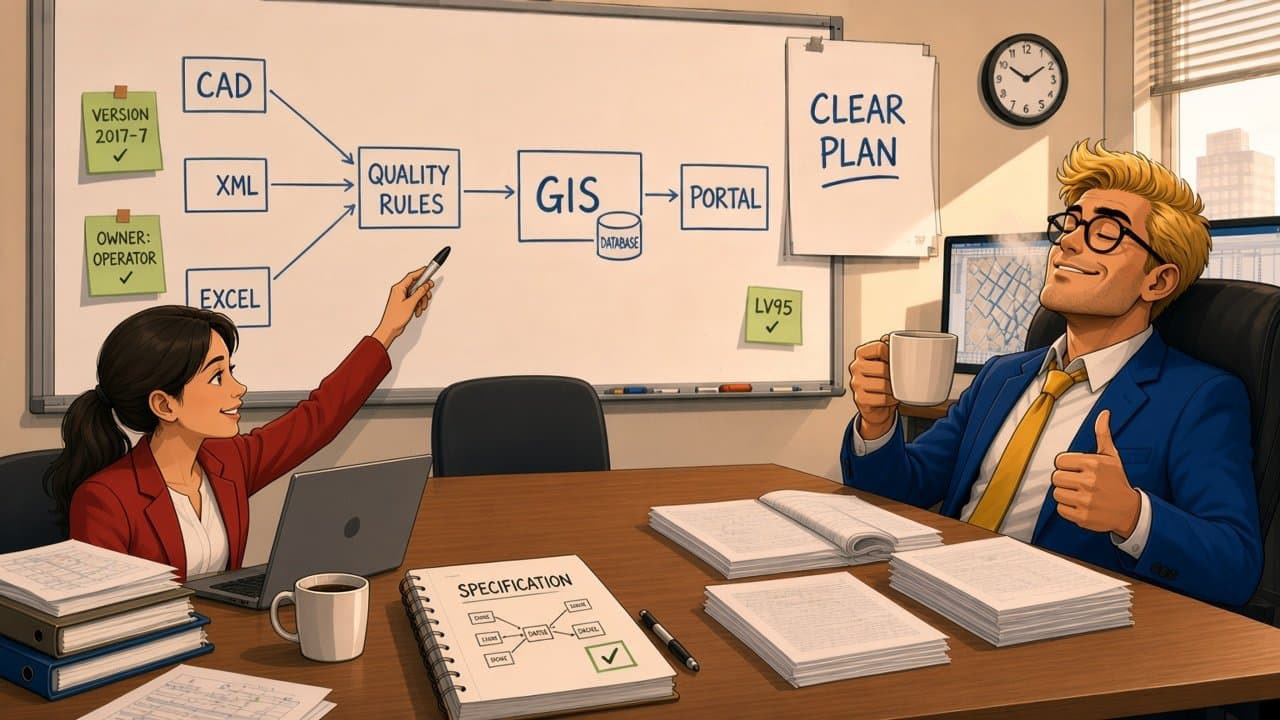 A SEPM consultant points at the clear architecture while the relieved GIS professional smiles with a coffee and gives a thumbs-up.