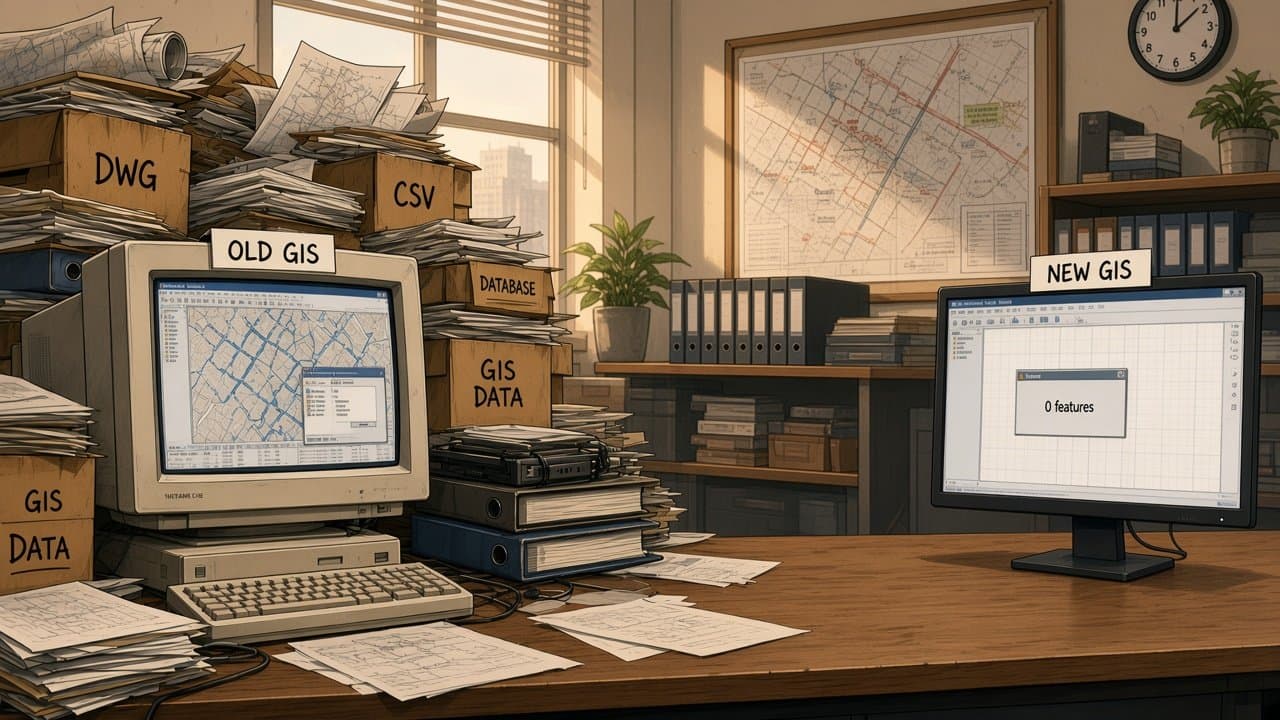An old computer labelled “OLD GIS” surrounded by towering boxes of DWG, CSV, database and GIS data, next to a new monitor labelled “NEW GIS” showing an empty map with “0 features”.