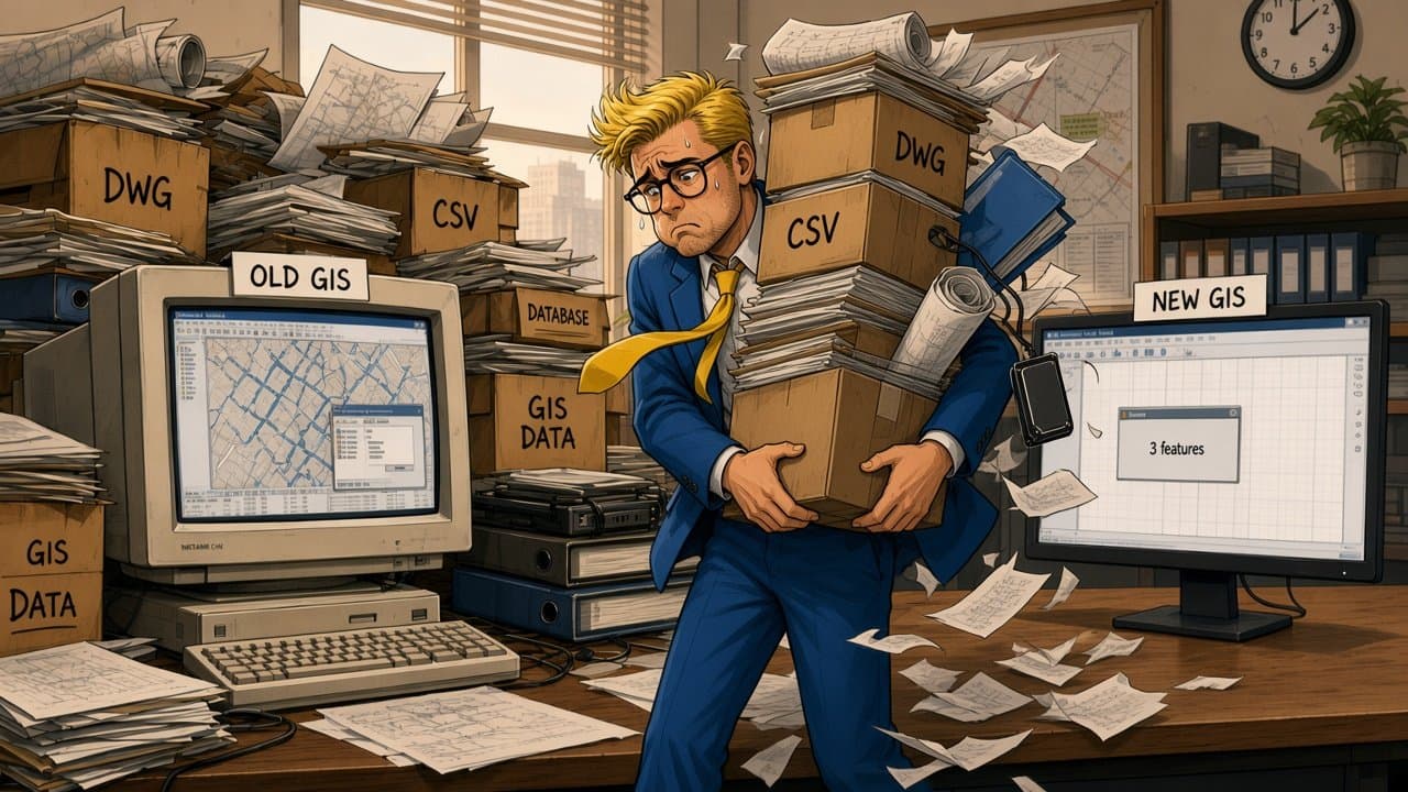 A GIS professional staggers between the two computers carrying a toppling stack of boxes, papers flying, while the new system shows only “3 features”.