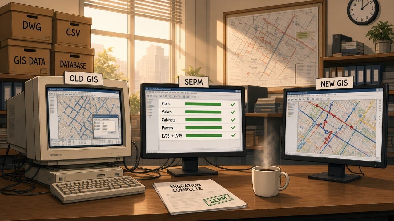 A SEPM workstation between the old and new systems shows pipes, valves, cabinets, parcels and LV03 to LV95 all transferred; the new GIS shows a complete network map and a report reads “Migration complete”.