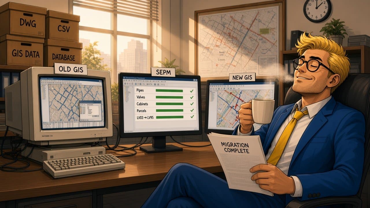 The GIS professional leans back with a coffee and a relieved smile, holding the “Migration complete” report.