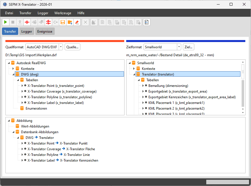 Smallworld X-Translator mapping an AutoCAD DWG/DXF drawing into Smallworld tables