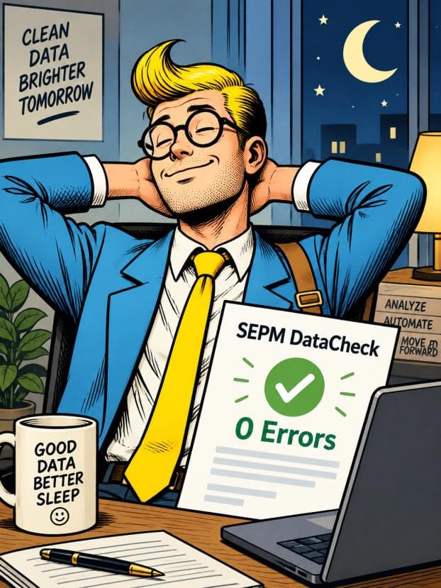 Illustration of a relaxed GIS specialist with a SEPM DataCheck report showing 0 errors