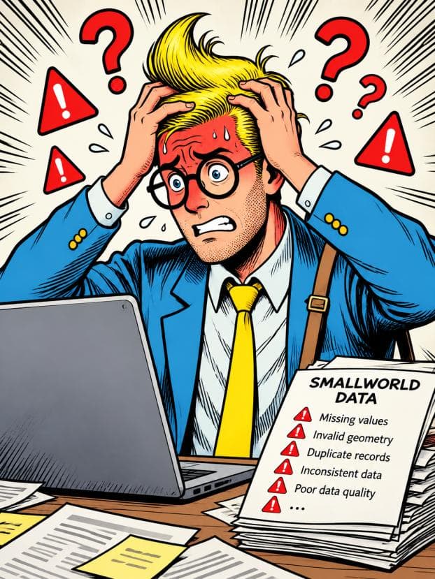 Illustration of a stressed GIS specialist surrounded by a report of Smallworld data problems