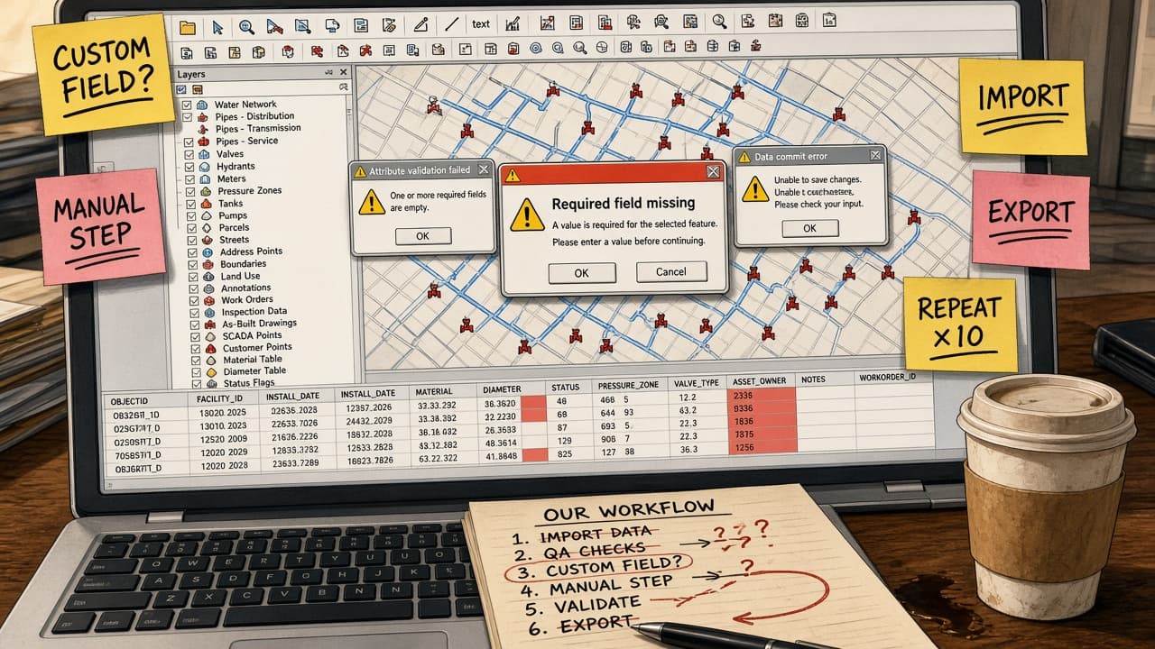 Laptop showing an overloaded GIS application with warning dialogs such as “Required field missing”, surrounded by sticky notes reading custom field, manual step, import, export and repeat.