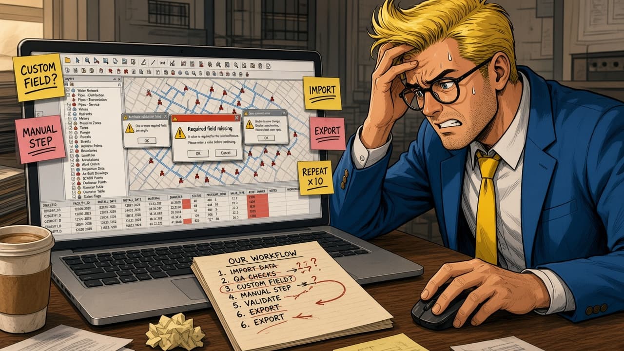 A GIS professional holds his head in frustration in front of the overloaded GIS application.