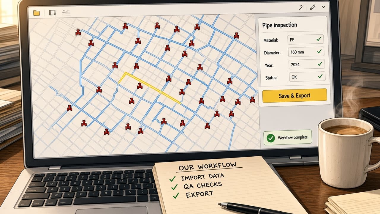 The same laptop now shows a clean GIS map with one focused “Pipe inspection” panel, a “Save & Export” button and a “Workflow complete” message.