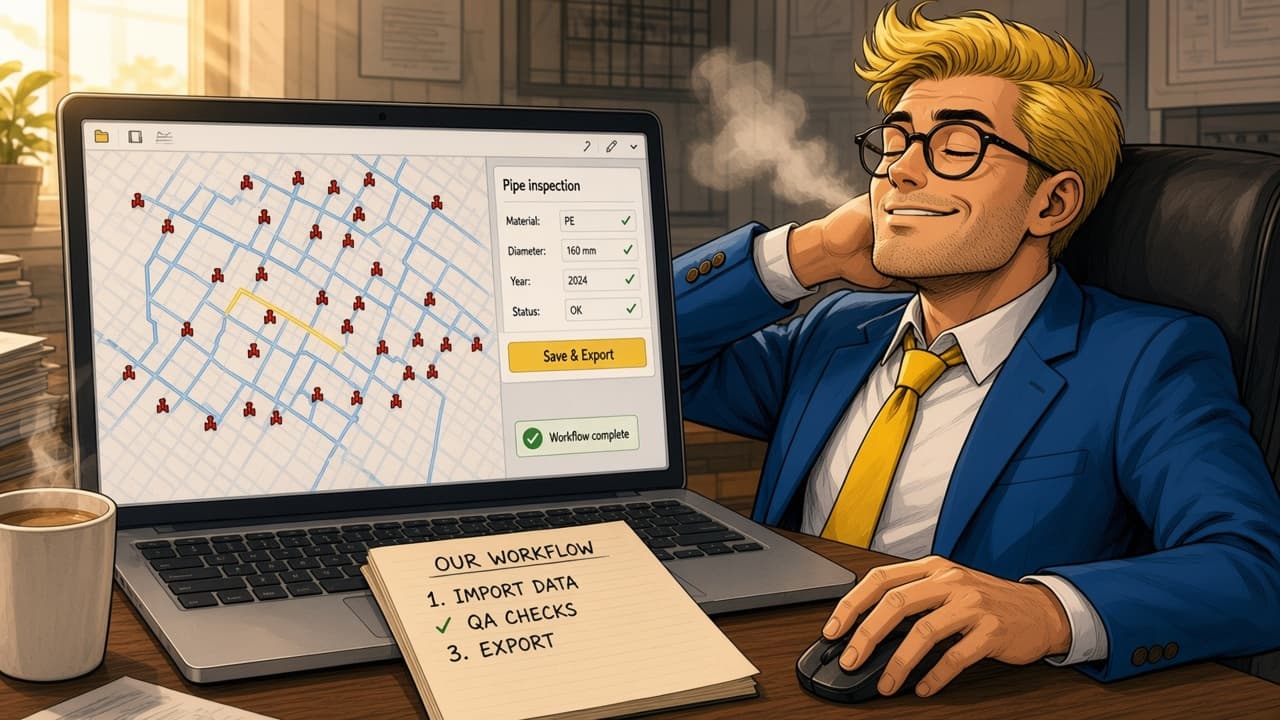 The GIS professional leans back with a relieved smile in front of the customized GIS application.