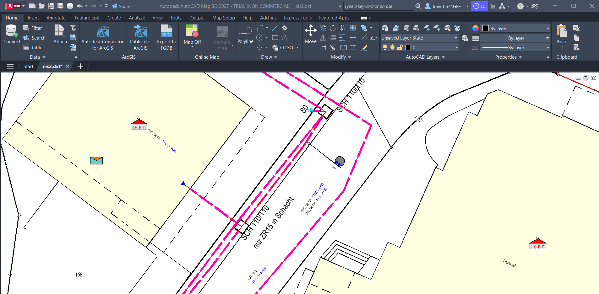Source DXF engineering drawing with utility lines, annotations and site geometry